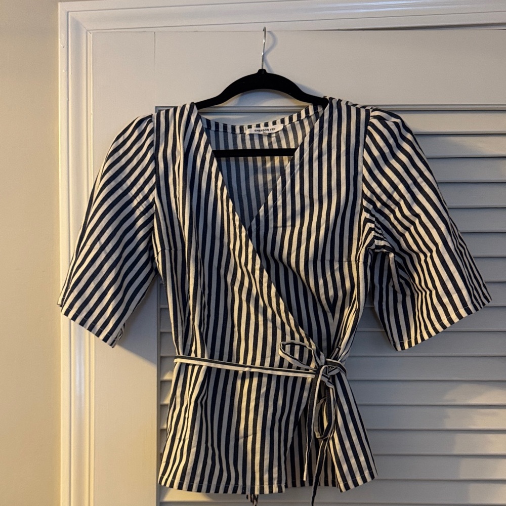Emerson Fry Black and White Striped Wrap Blouse
